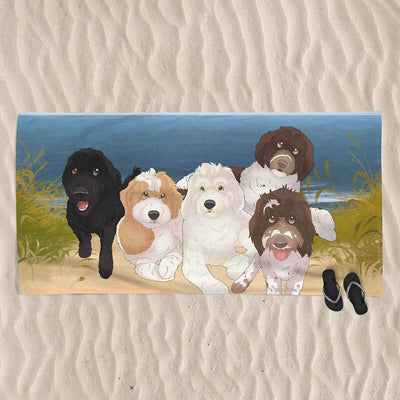 custom cartoon portrait of five dogs on a towel