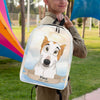 custom cartoon portrait of dog on a backpack