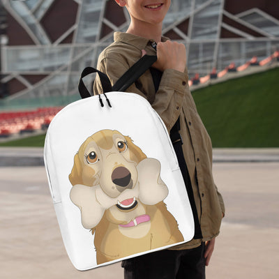 Custom cartoon portrait of a dog with a bone on a backpack