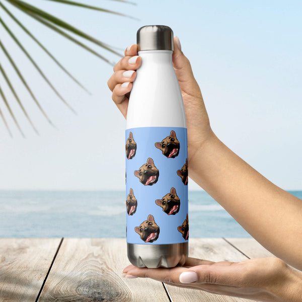 custom cartoon portrait of a dog on a water bottle