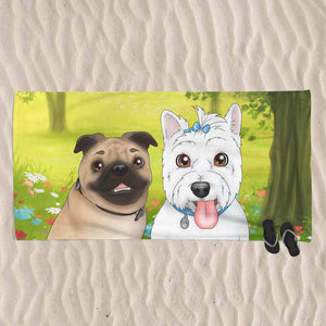 custom cartoon portrait of two dogs on a towel